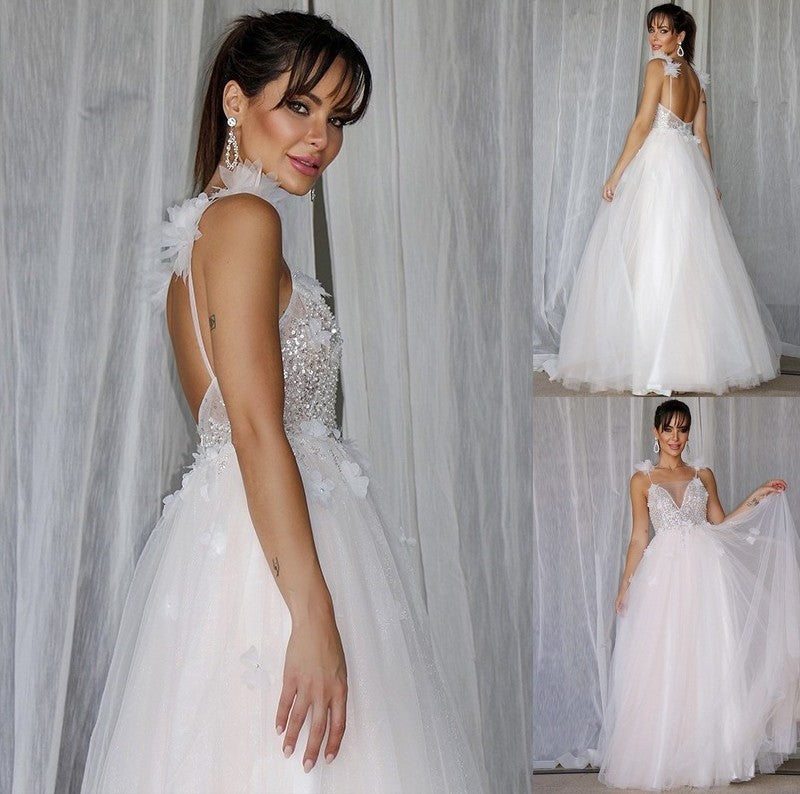 V-neck Sleeveless Tulle Beading A-Line/Princess Floor-Length Wedding Dresses