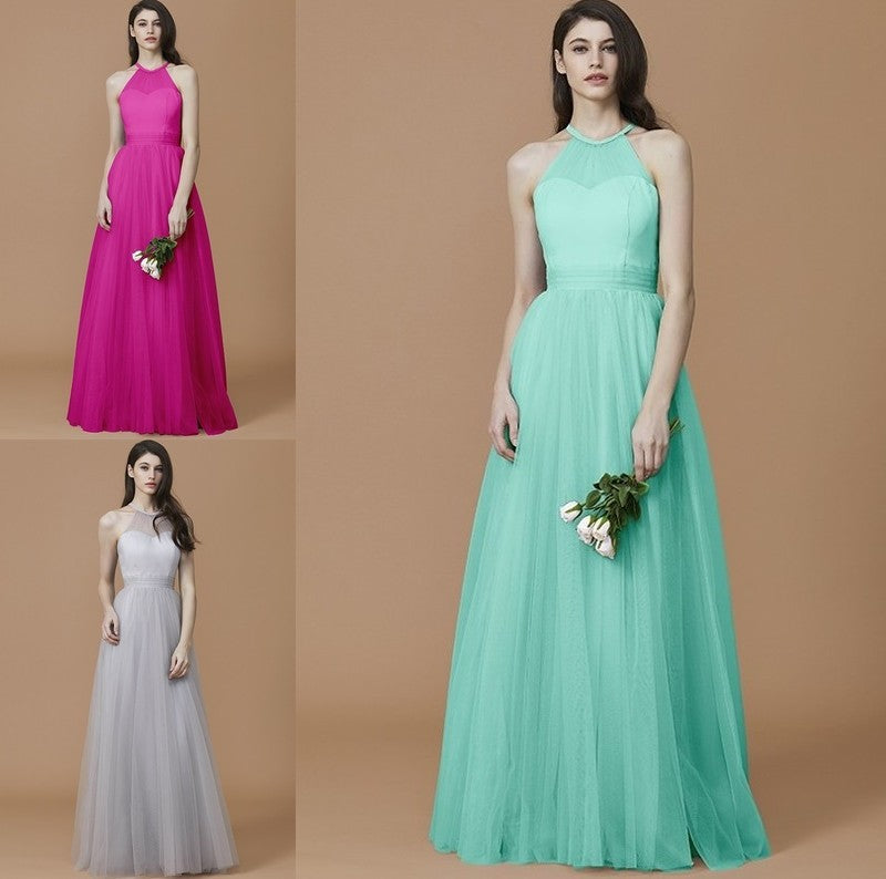 Halter Sleeveless Ruffles Floor-Length A-Line/Princess Tulle Bridesmaid Dresses