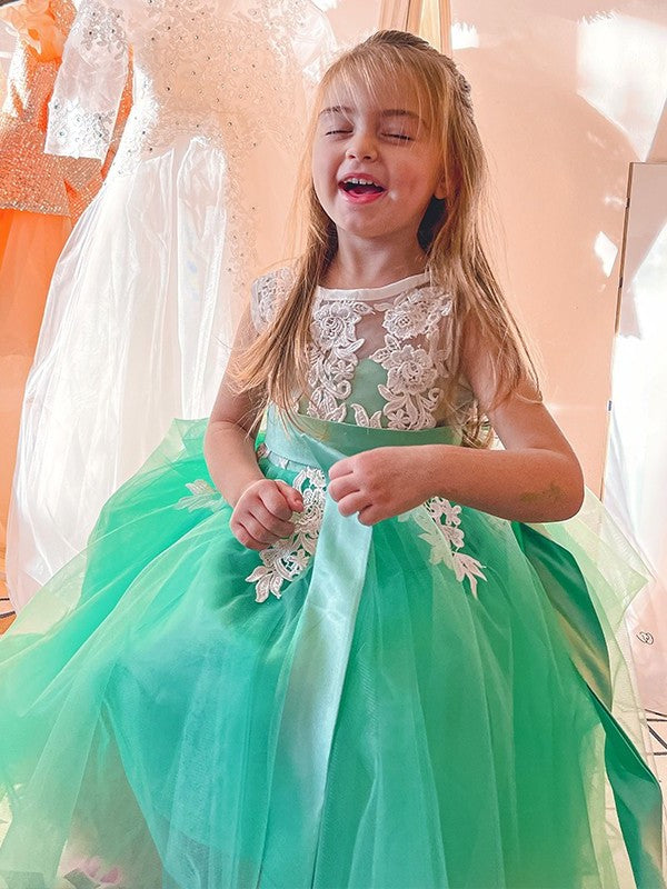 Sleeveless Tulle Knee-Length Scoop Applique A-Line/Princess Flower Girl Dresses