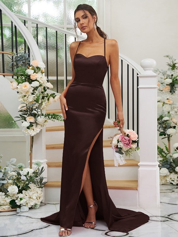 Square Sleeveless Elastic Woven Satin Ruched Sweep/Brush Sheath/Column Train Bridesmaid Dresses