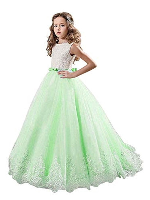 Tulle Gown Jewel Sweep/Brush Sleeveless Train Lace Ball Flower Girl Dresses