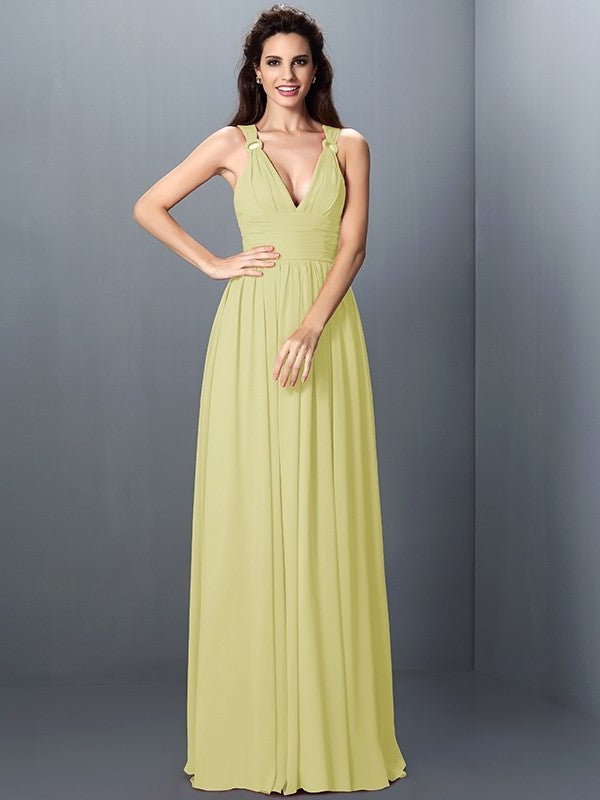 V-neck Pleats Long Sleeveless A-Line/Princess Chiffon Bridesmaid Dresses