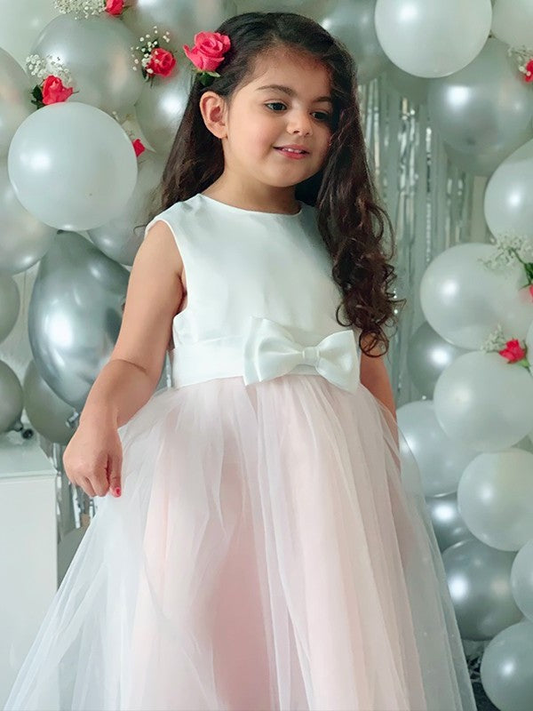 Sleeveless Tea-Length Bowknot Organza A-Line/Princess Scoop Flower Girl Dresses