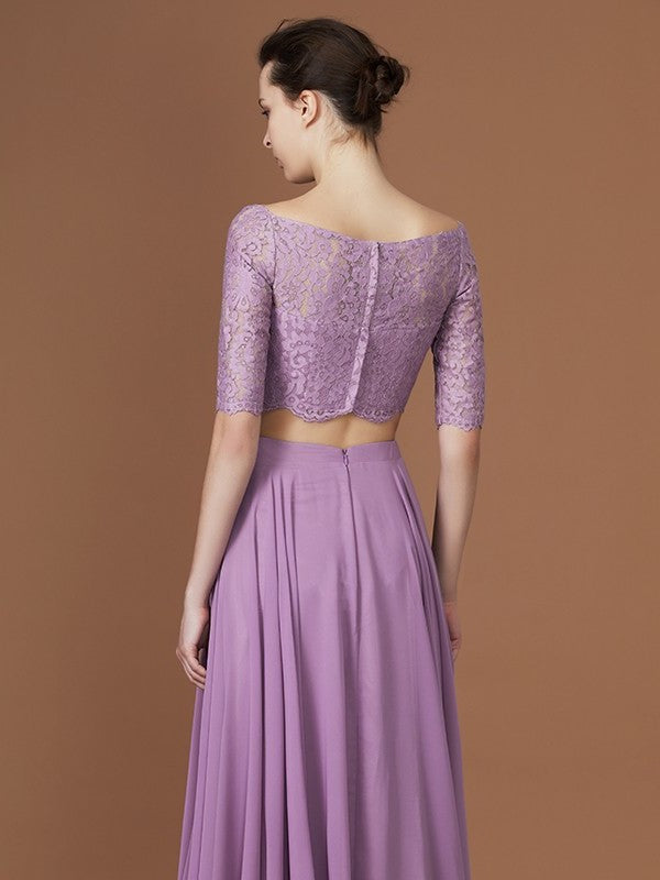 Sleeves Off-the-Shoulder Floor-Length 1/2 A-Line/Princess Lace Chiffon Bridesmaid Dress