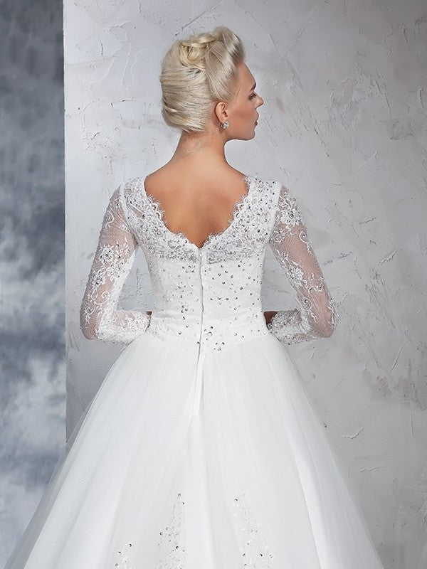 Long Bateau Long Ball Gown Lace Sleeves Net Wedding Dresses