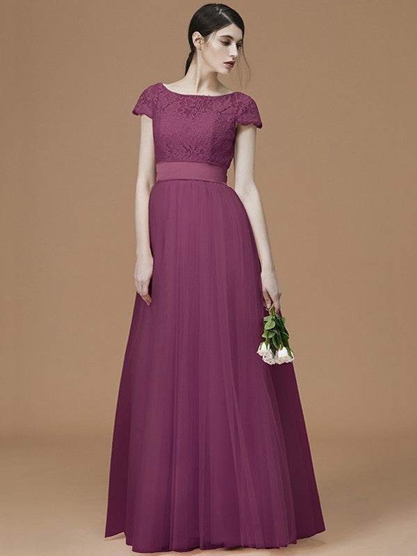 Sleeves Sash/Ribbon/Belt Short A-Line/Princess Bateau Floor-Length Tulle Bridesmaid Dresses