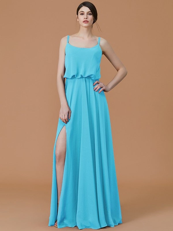 Spaghetti Ruffles Straps Sleeveless A-Line/Princess Floor-Length Chiffon Bridesmaid Dresses