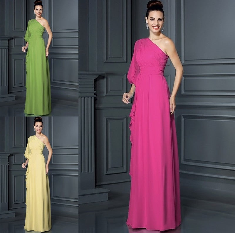 3/4 Sheath/Column Long One-Shoulder Sleeves Chiffon Bridesmaid Dresses