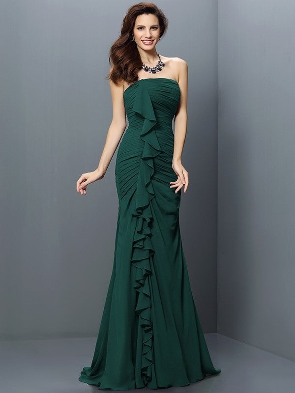 Trumpet/Mermaid Pleats Strapless Sleeveless Long Chiffon Bridesmaid Dresses