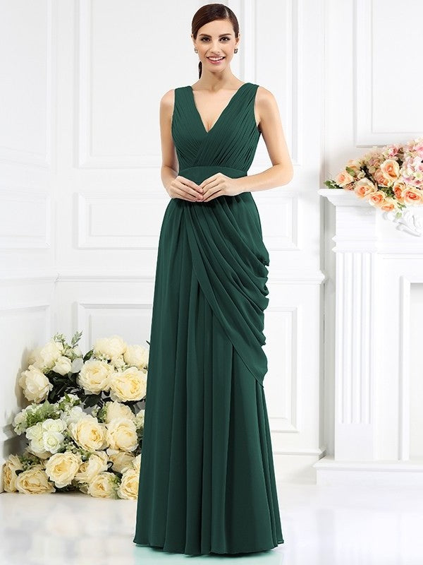 Pleats Sleeveless V-neck A-Line/Princess Long Chiffon Bridesmaid Dresses