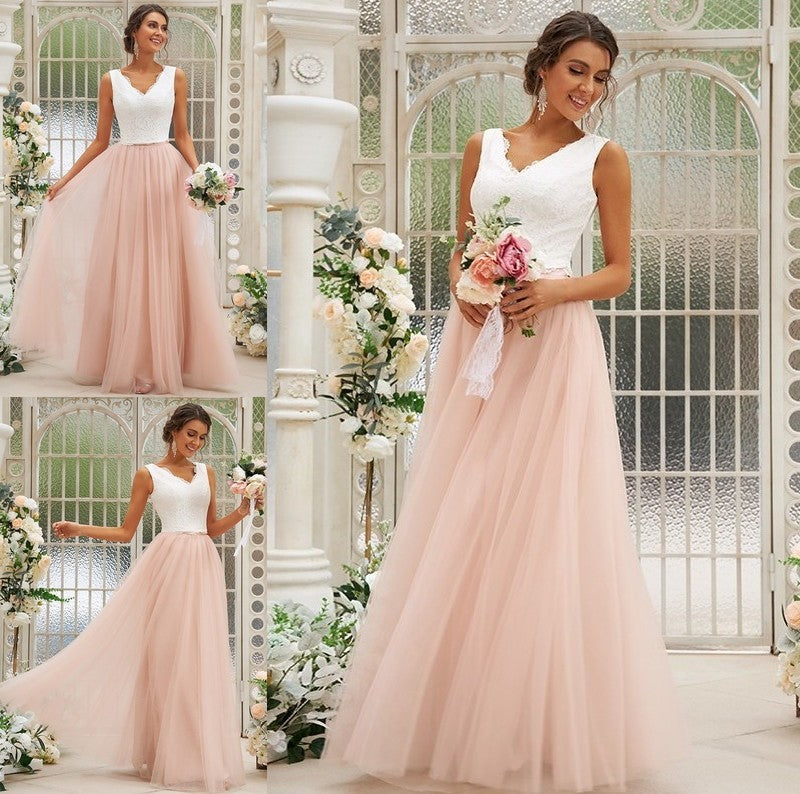 V-neck Tulle Lace Sleeveless A-Line/Princess Floor-Length Bridesmaid Dresses