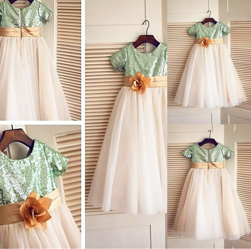 Sequin Short Tulle Tea-Length A-line/Princess Sleeves Scoop Flower Girl Dresses