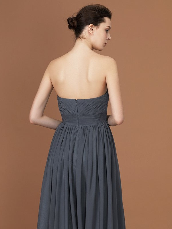 Asymmetrical A-Line/Princess Sleeveless Ruched Sweetheart Floor-Length Chiffon Bridesmaid Dresses