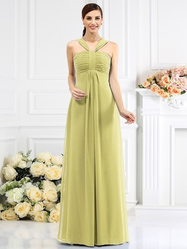 Straps Sleeveless Long A-Line/Princess Pleats Chiffon Bridesmaid Dresses