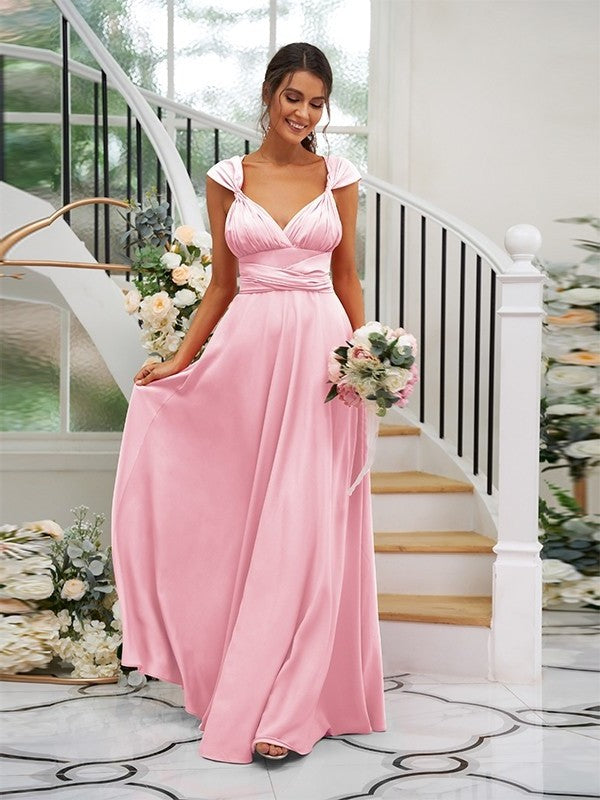 Ruched Jersey Sleeveless A-Line/Princess V-neck Floor-Length Bridesmaid Dresses