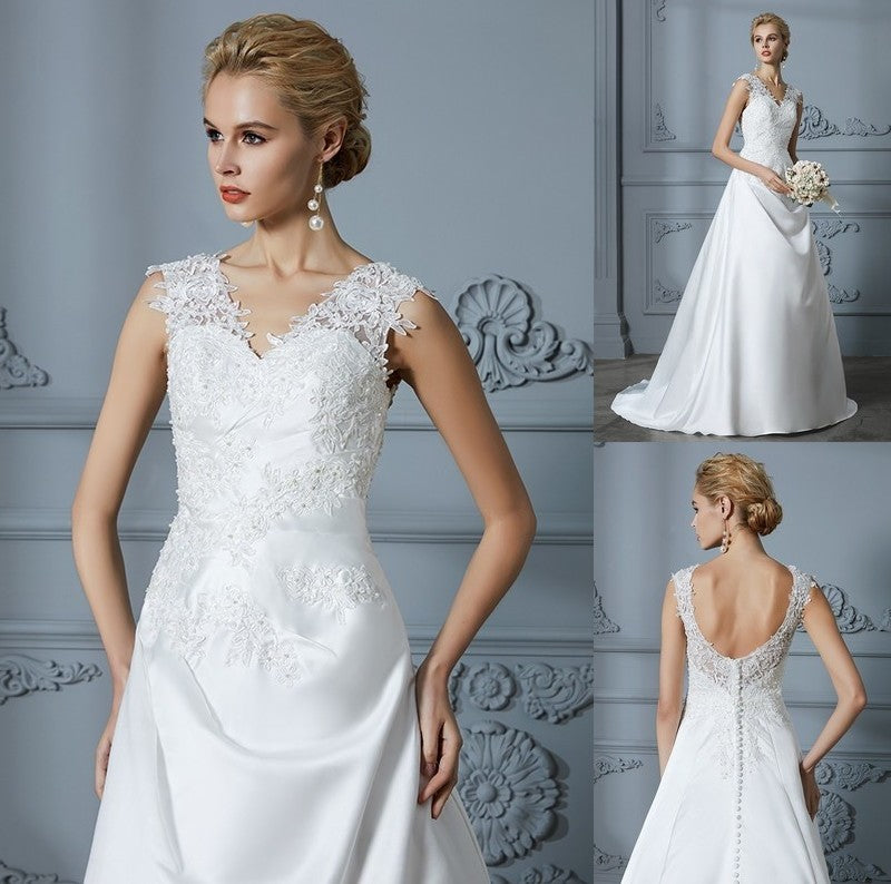 Sweep/Brush V-neck Applique Train Sleeveless A-Line/Princess Satin Wedding Dresses