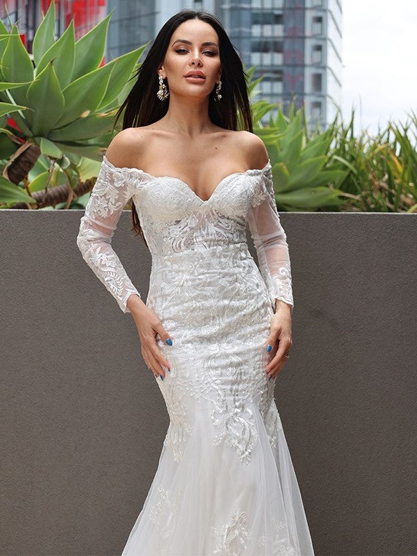 Sweep/Brush Applique Sleeves Off-the-Shoulder Long Trumpet/Mermaid Tulle Train Wedding Dresses