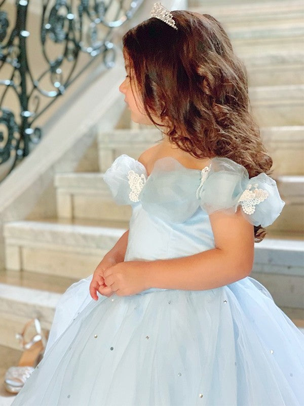 Tulle Rhinestone Ball Gown Off-the-Shoulder Floor-Length Sleeveless Flower Girl Dresses