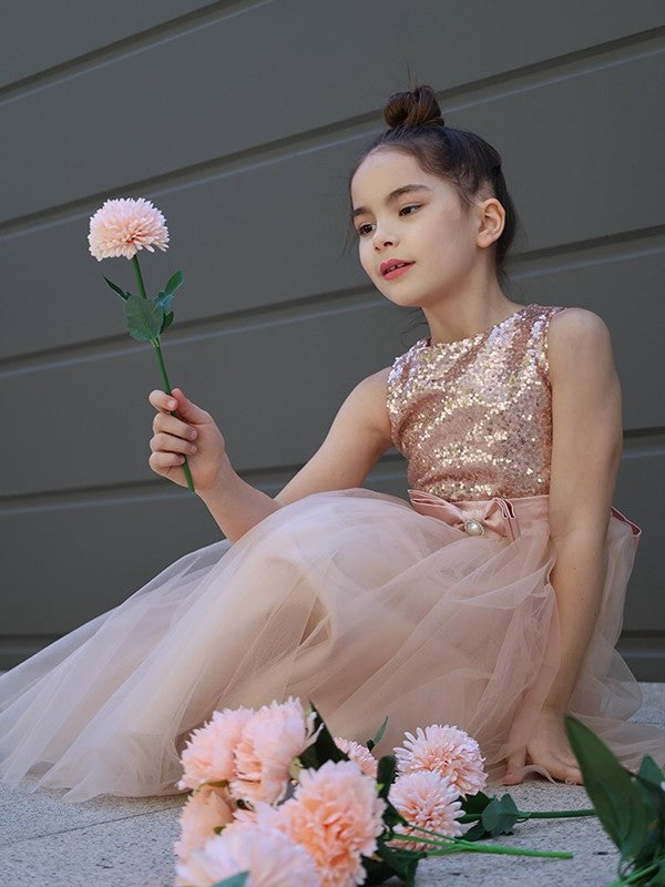 Sleeveless Tulle A-Line/Princess Scoop Bowknot Tea-Length Flower Girl Dresses