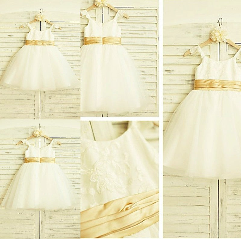 Tulle Lace Straps A-line/Princess Tea-Length Spaghetti Sleeveless Flower Girl Dresses