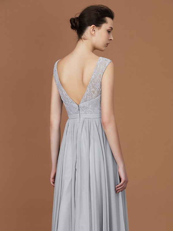 V-neck Floor-Length Chiffon Sleeveless A-Line/Princess Lace Bridesmaid Dress