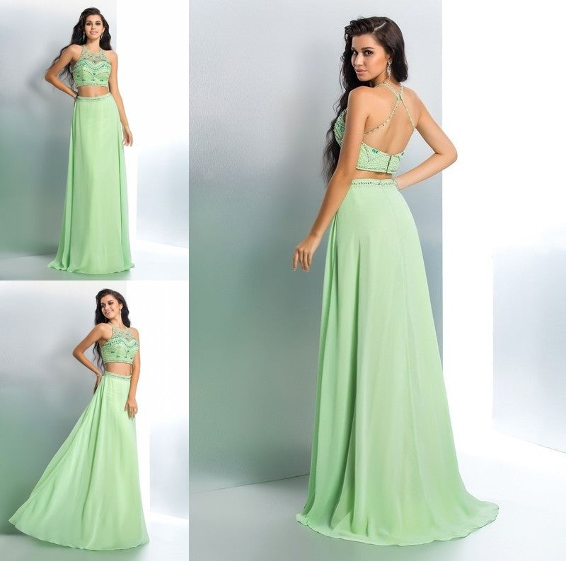 Chiffon A-Line/Princess Beading Halter Long Sleeveless Two Piece Dresses