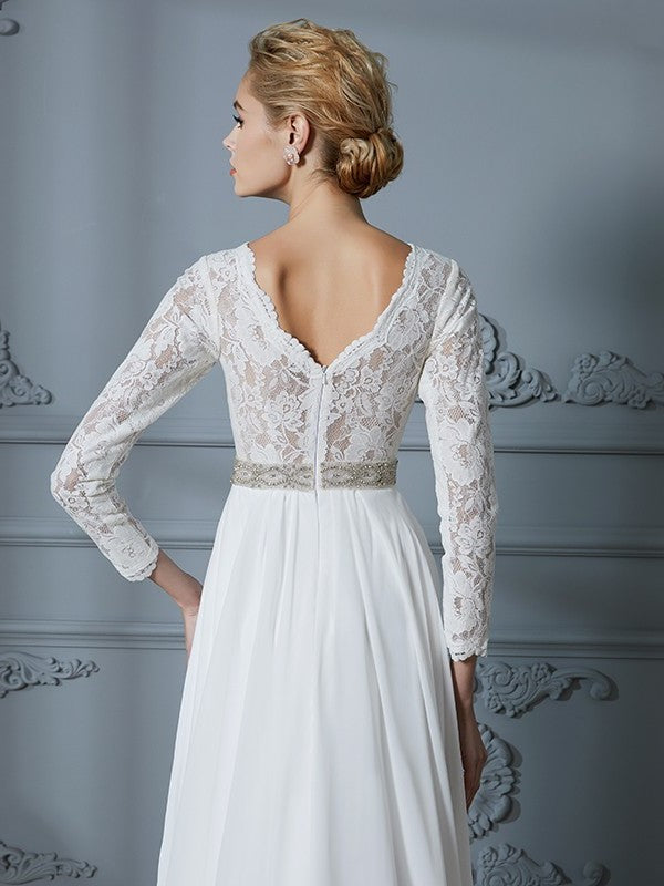 Sweep/Brush A-Line/Princess V-neck Lace Sleeves 3/4 Train Chiffon Wedding Dresses