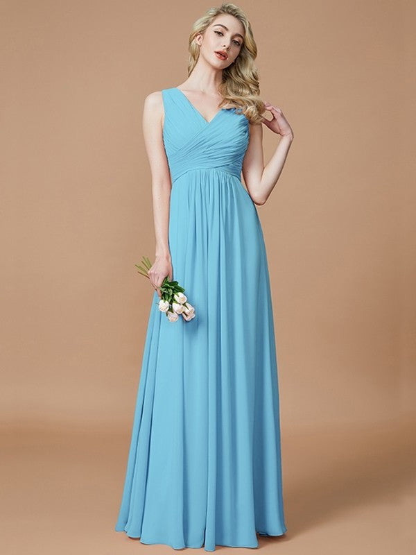 V-neck Ruched Floor-Length Sleeveless A-Line/Princess Chiffon Bridesmaid Dresses