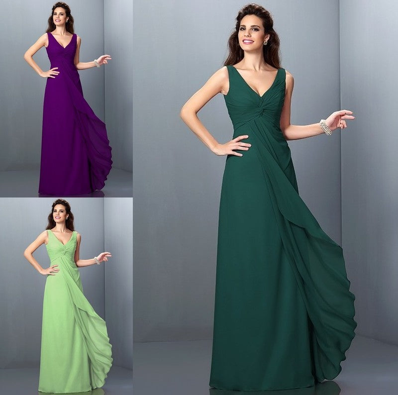 Straps Sleeveless A-Line/Princess Long Pleats Chiffon Bridesmaid Dresses