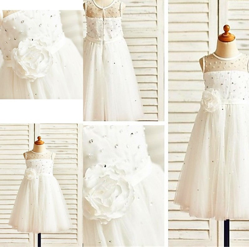 Scoop Hand-made Tulle A-line/Princess Tea-Length Flower Sleeveless Flower Girl Dresses