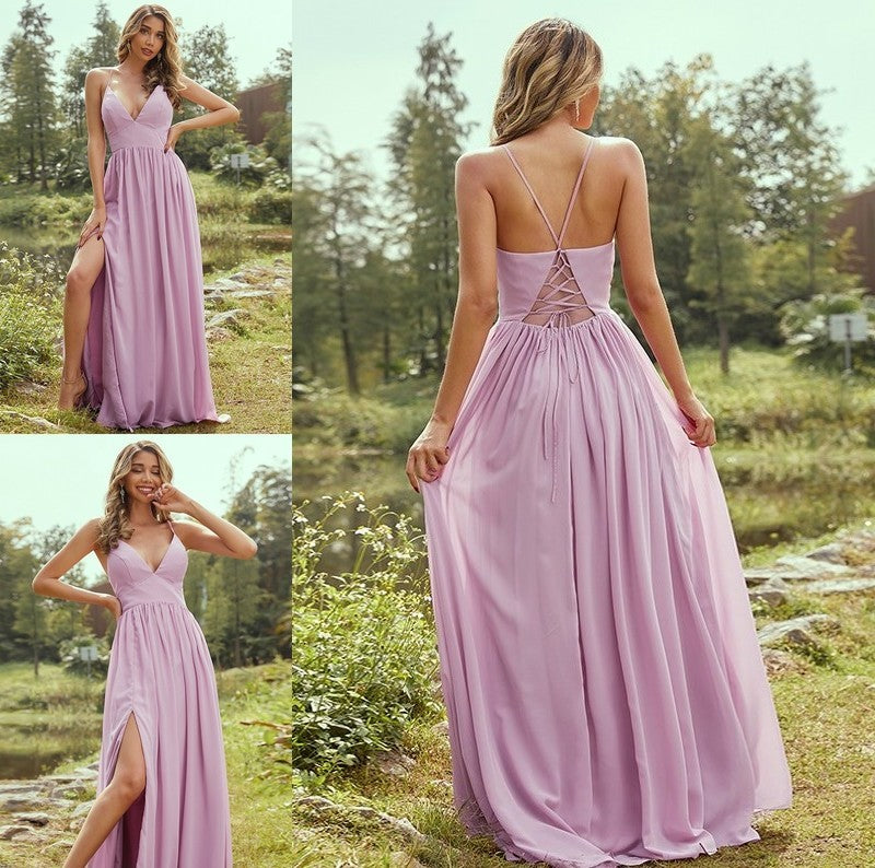 V-neck A-Line/Princess Sleeveless Ruffles Chiffon Floor-Length Bridesmaid Dresses