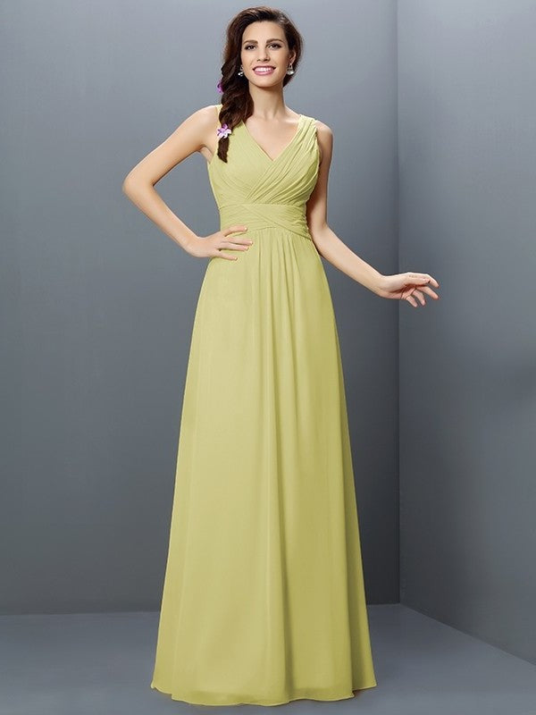 V-neck Long Sleeveless A-Line/Princess Pleats Chiffon Bridesmaid Dresses