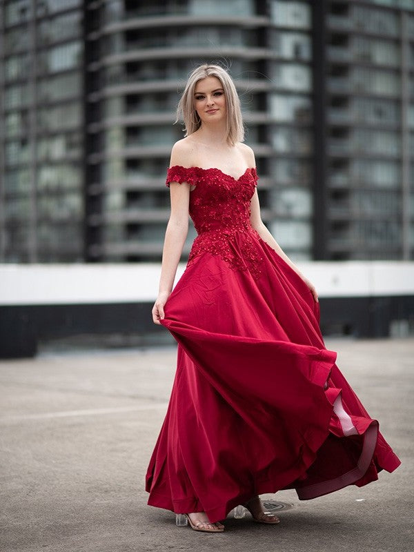 Off-the-Shoulder Satin Ball Applique Gown Sleeveless Floor-Length Dresses