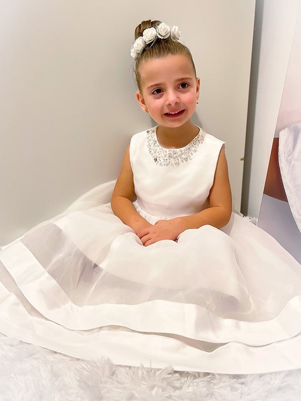 Satin Jewel Sleeveless Tea-Length A-Line/Princess Bowknot Flower Girl Dresses