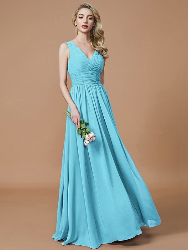 V-neck A-Line/Princess Floor-Length Sleeveless Chiffon Bridesmaid Dresses