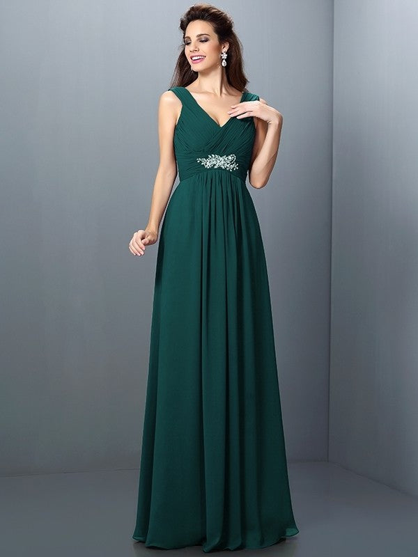 Long Beading A-Line/Princess Sleeveless Pleats V-neck Chiffon Bridesmaid Dresses