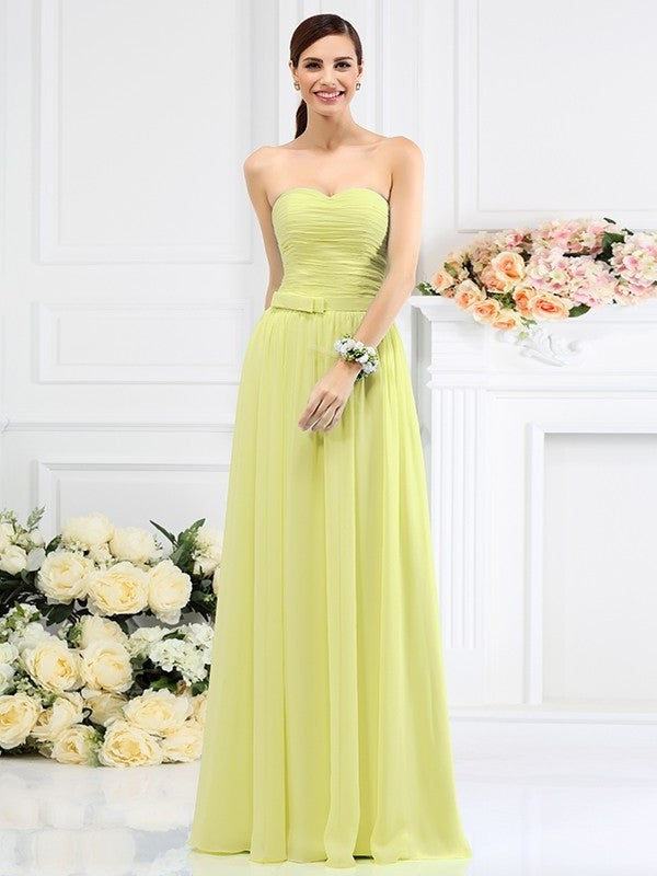 Pleats Hand-Made Sleeveless A-Line/Princess Sweetheart Long Flower Chiffon Bridesmaid Dresses