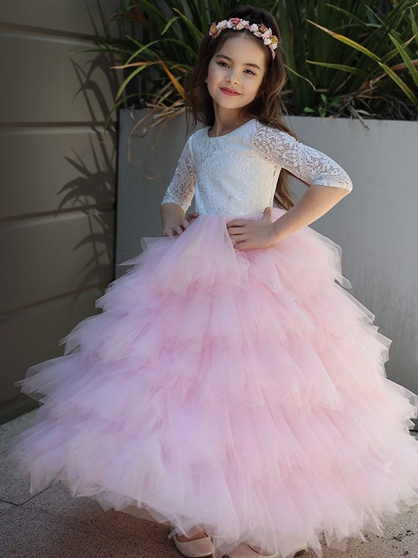 Sleeves 3/4 A-Line/Princess Tulle Scoop Lace Ankle-Length Flower Girl Dresses