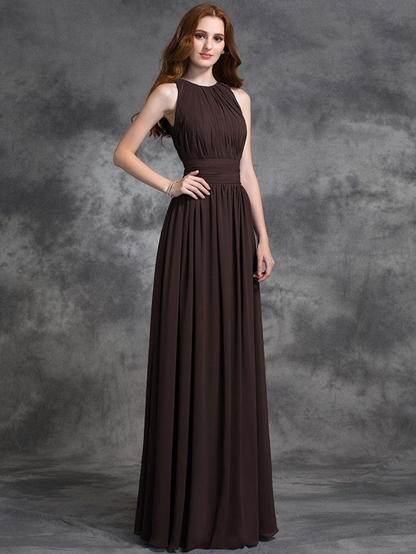 Sleeveless Long A-line/Princess Ruched Jewel Chiffon Bridesmaid Dresses