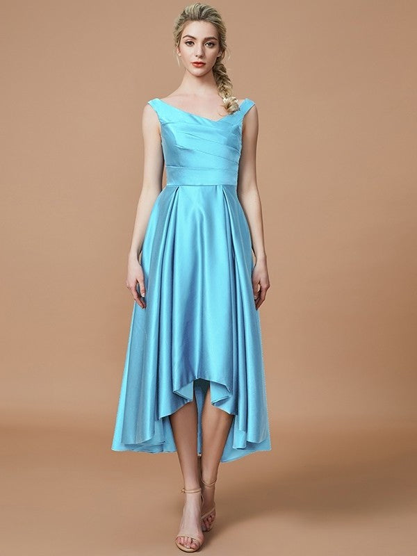 V-neck Asymmetrical A-Line/Princess Satin Sleeveless Bridesmaid Dresses