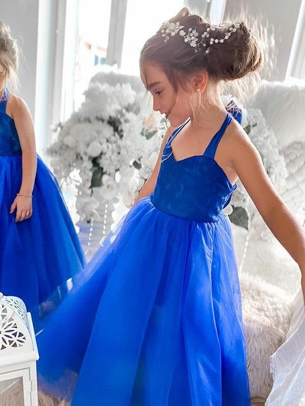 Sleeveless Halter Tulle Tea-Length Ruffles A-Line/Princess Flower Girl Dresses