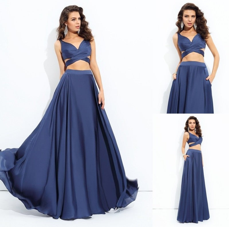 A-line/Princess Straps Chiffon Satin Long Sleeveless Two Piece Dresses