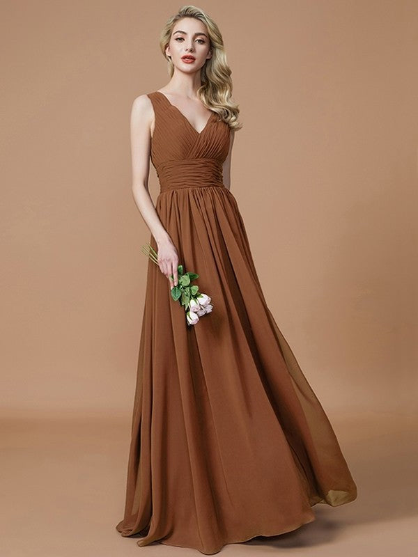 V-neck A-Line/Princess Floor-Length Sleeveless Chiffon Bridesmaid Dresses