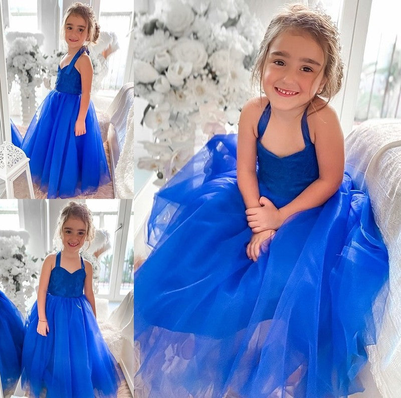 Sleeveless Halter Tulle Tea-Length Ruffles A-Line/Princess Flower Girl Dresses