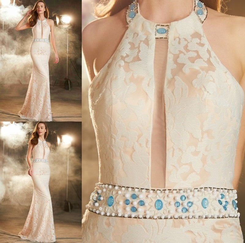 Halter Sheath/Column Floor-Length Sleeveless Lace Satin Dresses