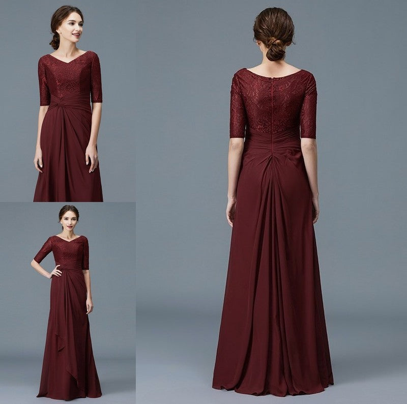 V-neck Floor-Length Sleeves Mother 1/2 of Ruffles Chiffon A-Line/Princess the Bride Dresses