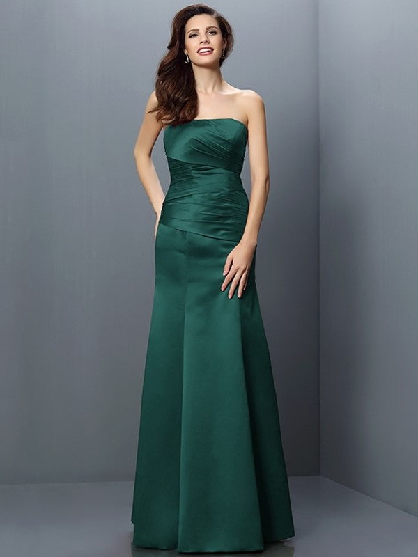 Strapless Pleats Long Sleeveless Sheath/Column Satin Bridesmaid Dresses