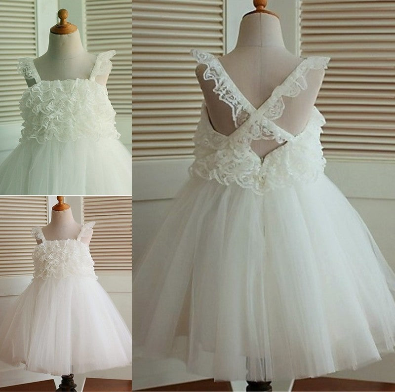 A-line/Princess Sleeveless Tea-Length Ruffles Organza Straps Flower Girl Dresses