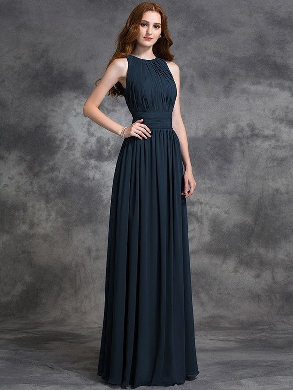 Sleeveless Long A-line/Princess Ruched Jewel Chiffon Bridesmaid Dresses