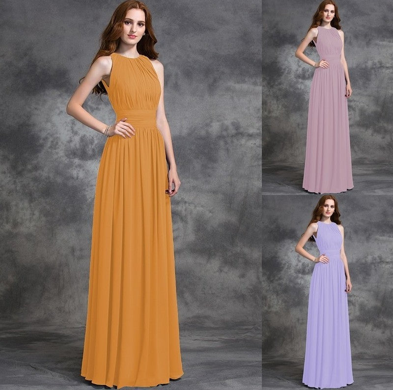 Sleeveless Long A-line/Princess Ruched Jewel Chiffon Bridesmaid Dresses